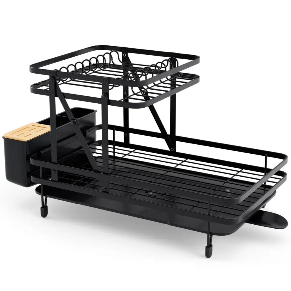 2-Tier Collapsible Dish Rack with Removable Drip Tray-Black - Black - Dish Racks