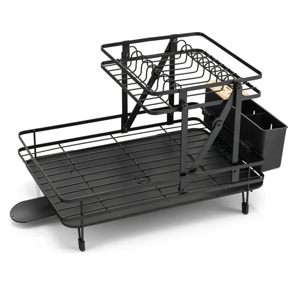 2-Tier Collapsible Dish Rack with Removable Drip Tray-Black - Black - Dish Racks