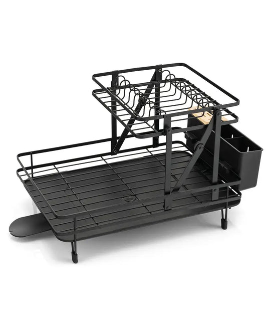 2-Tier Collapsible Dish Rack with Removable Drip Tray-Black - Black - Dish Racks