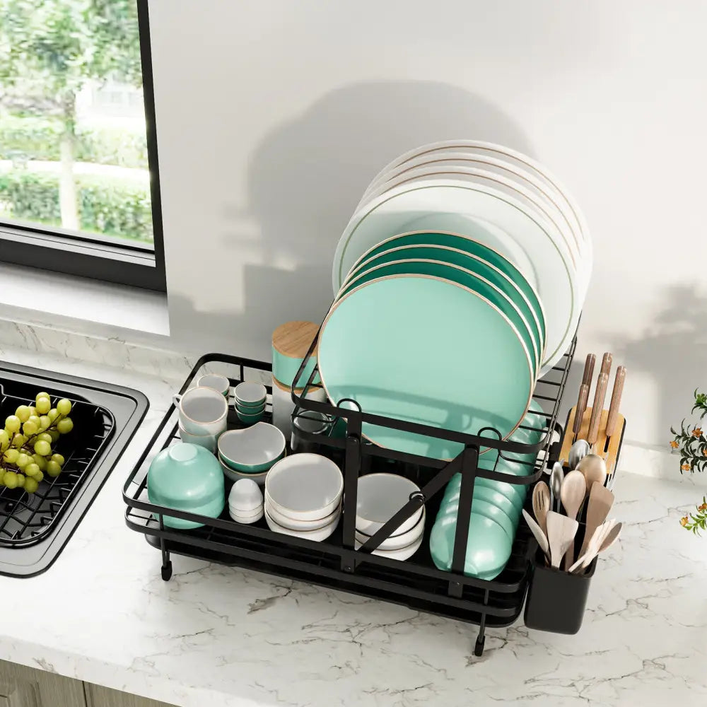 2-Tier Collapsible Dish Rack with Removable Drip Tray-Black - Black - Dish Racks