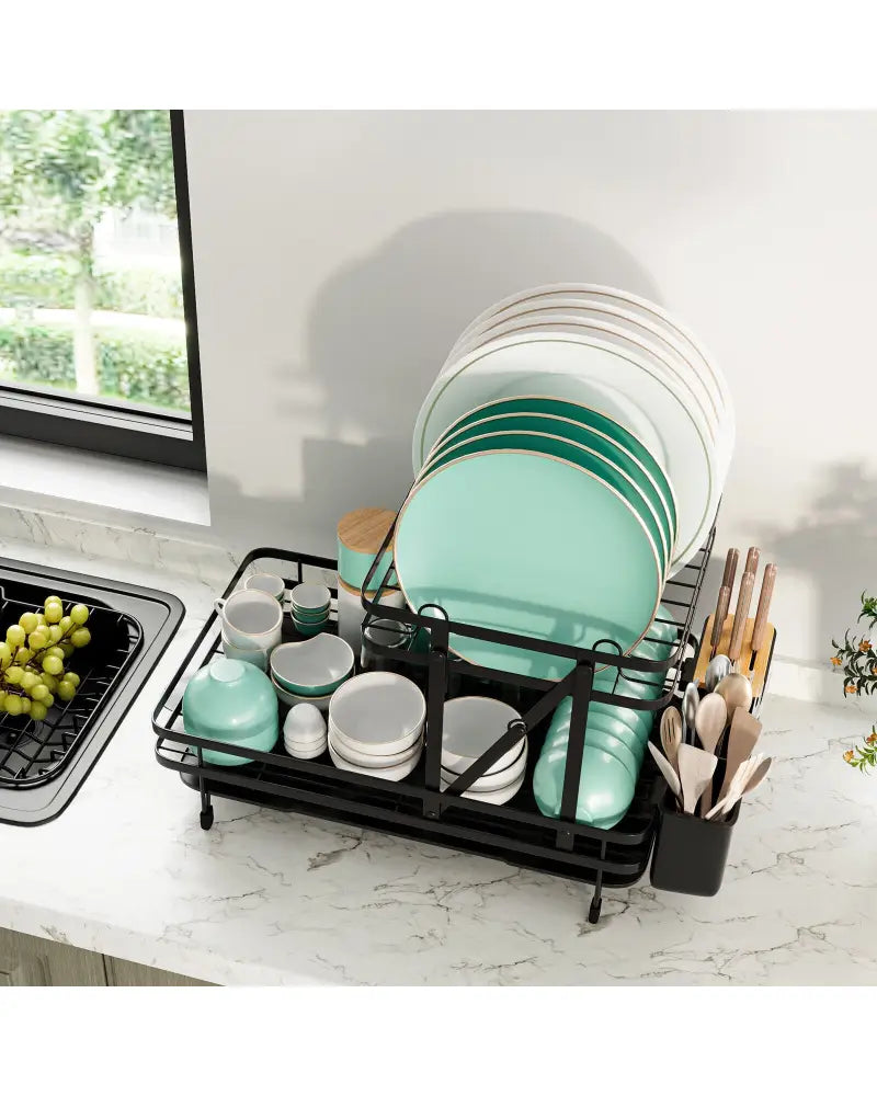 2-Tier Collapsible Dish Rack with Removable Drip Tray-Black - Black - Dish Racks