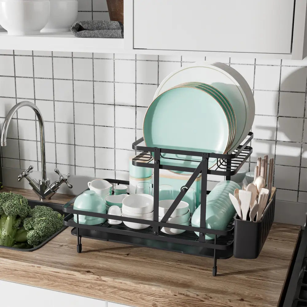 2-Tier Collapsible Dish Rack with Removable Drip Tray-Black - Black - Dish Racks