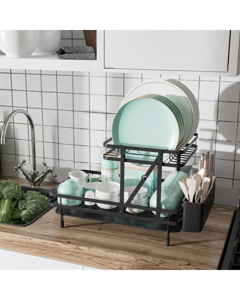 2-Tier Collapsible Dish Rack with Removable Drip Tray-Black - Black - Dish Racks