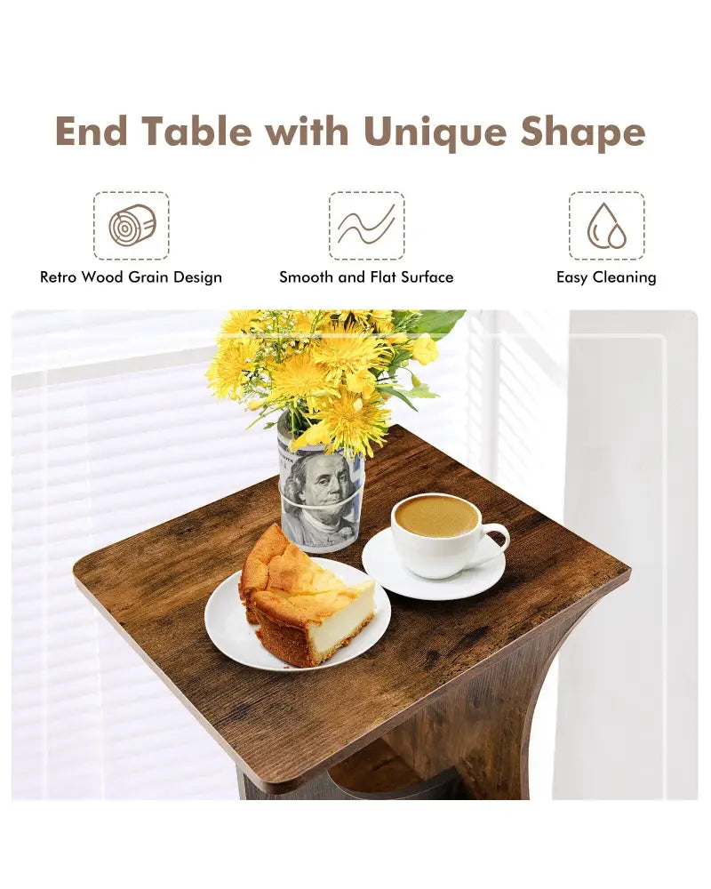 2-Tier Compact C-shape Sofa Side Table-Rustic Brown - Rustic Brown - End & Side Tables