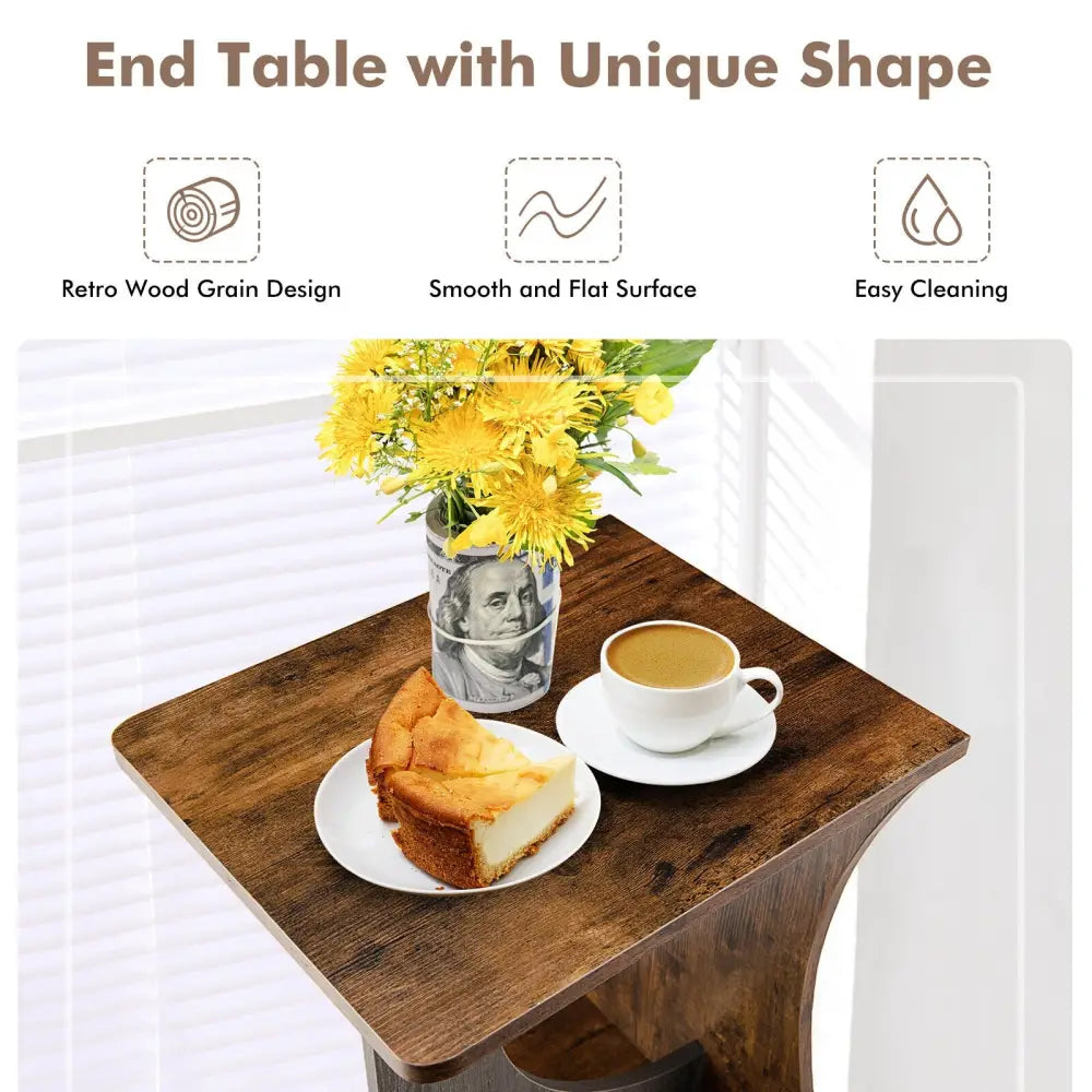 2-Tier Compact C-shape Sofa Side Table-Rustic Brown - Rustic Brown - End & Side Tables