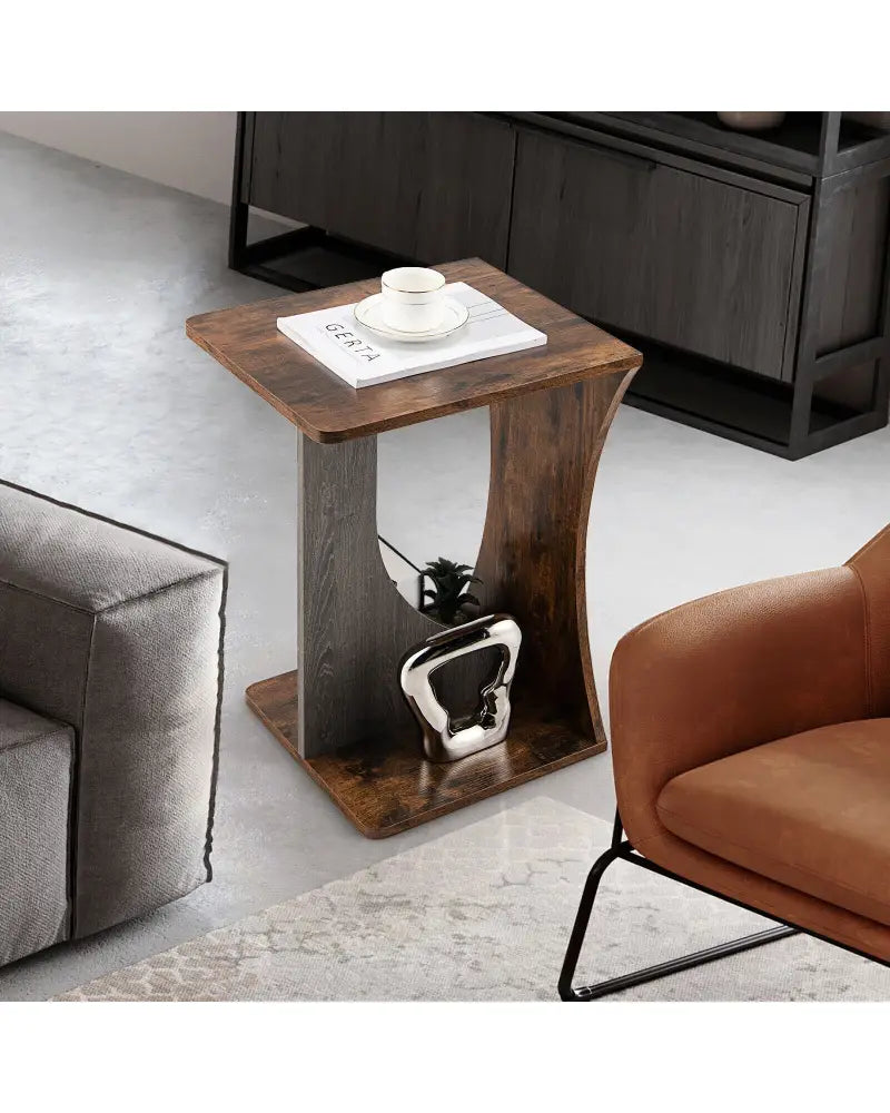 2-Tier Compact C-shape Sofa Side Table-Rustic Brown - Rustic Brown - End & Side Tables