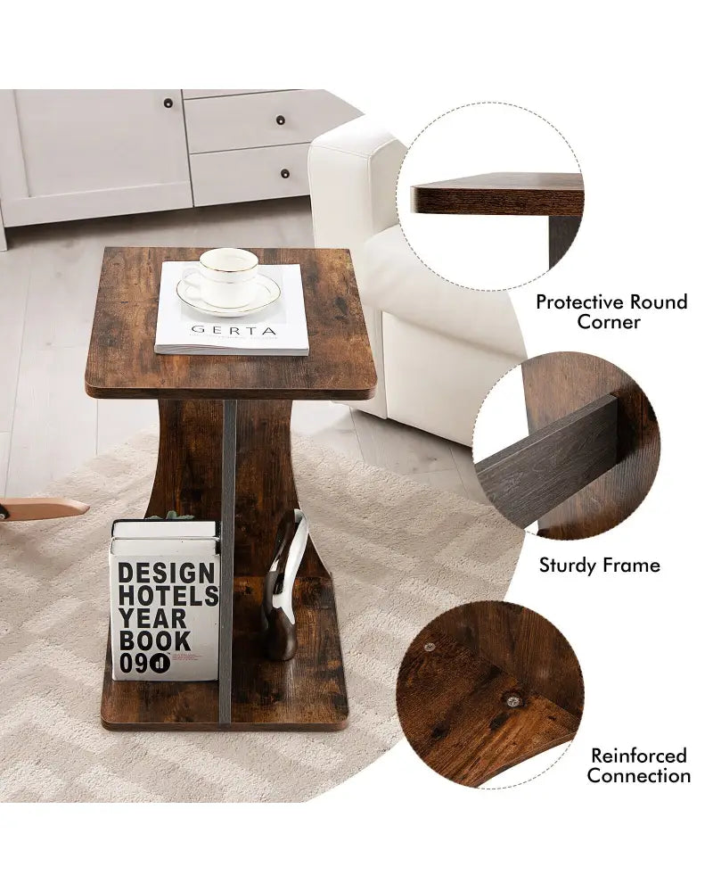 2-Tier Compact C-shape Sofa Side Table-Rustic Brown - Rustic Brown - End & Side Tables