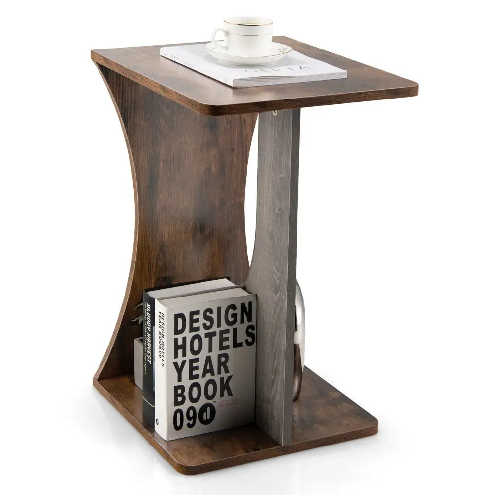 2-Tier Compact C-shape Sofa Side Table-Rustic Brown - Rustic Brown - End & Side Tables