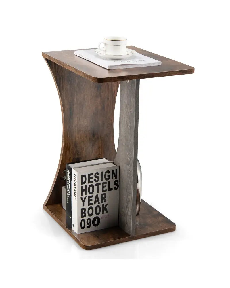 2-Tier Compact C-shape Sofa Side Table-Rustic Brown - Rustic Brown - End & Side Tables