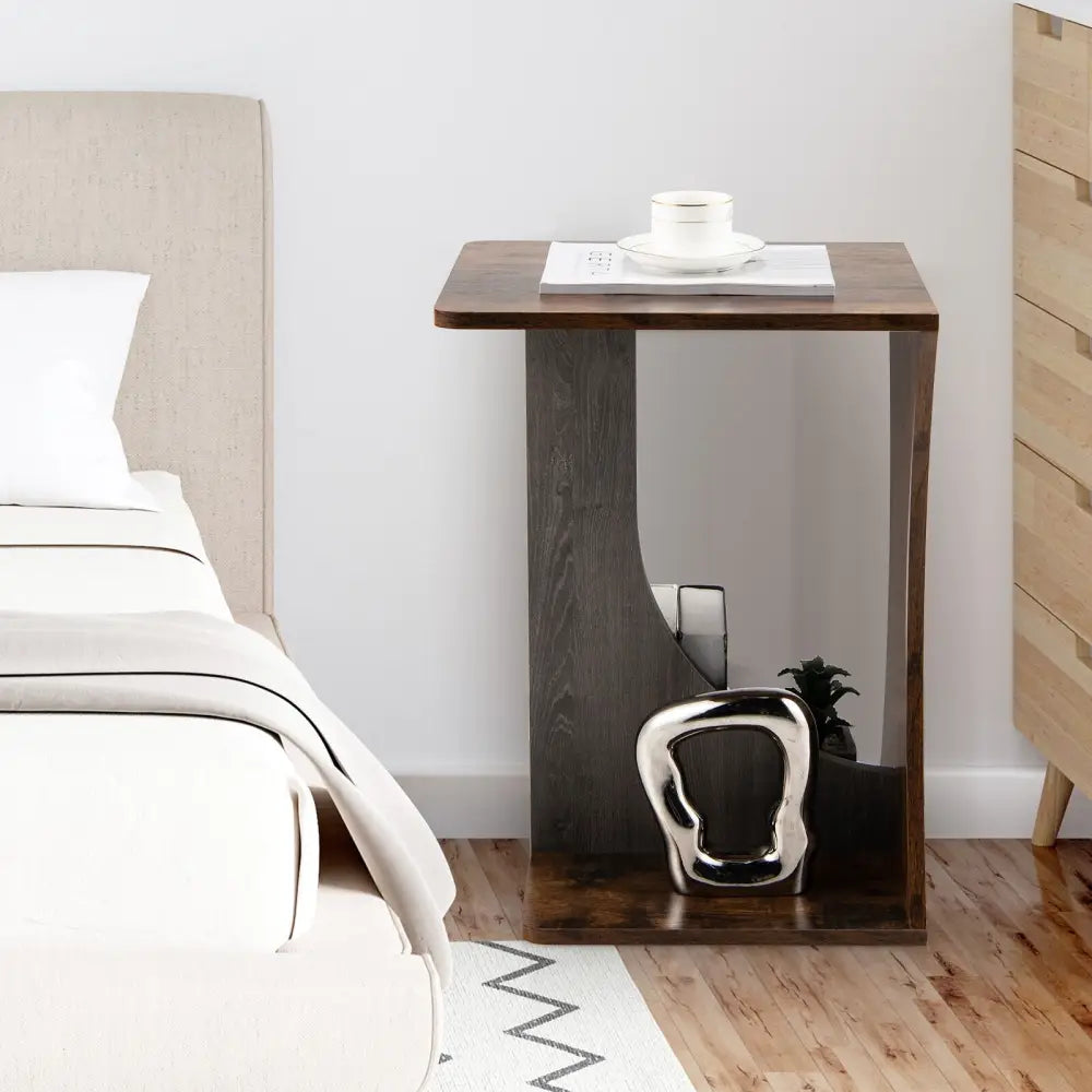 2-Tier Compact C-shape Sofa Side Table-Rustic Brown - Rustic Brown - End & Side Tables
