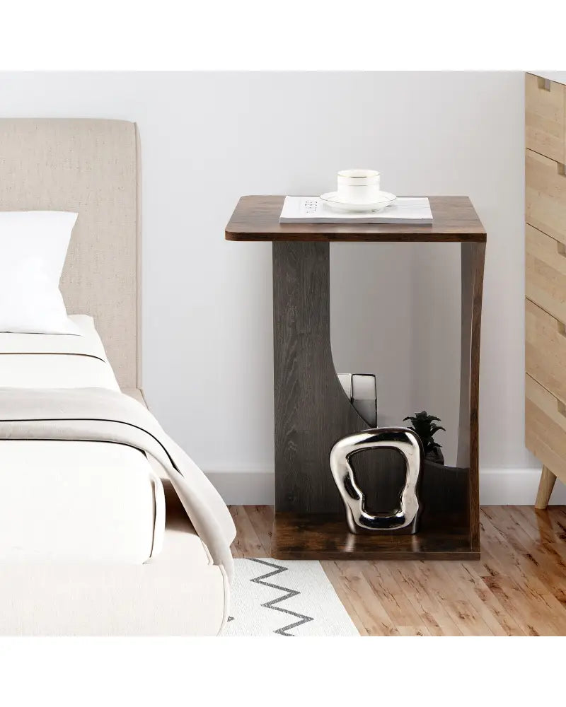 2-Tier Compact C-shape Sofa Side Table-Rustic Brown - Rustic Brown - End & Side Tables