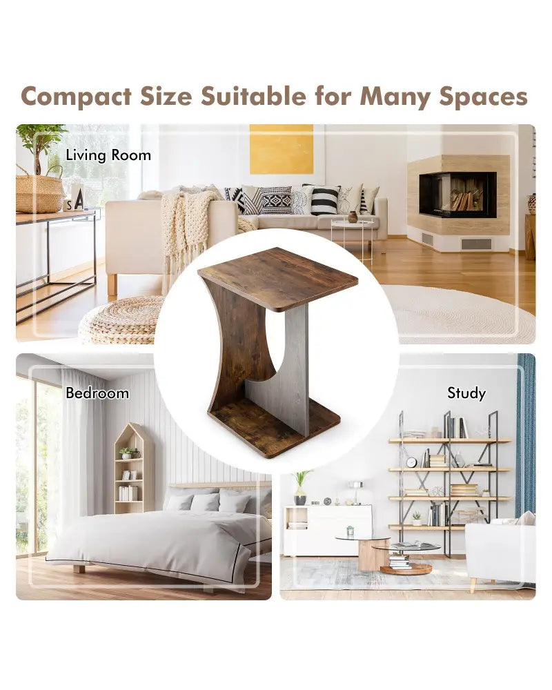 2-Tier Compact C-shape Sofa Side Table-Rustic Brown - Rustic Brown - End & Side Tables