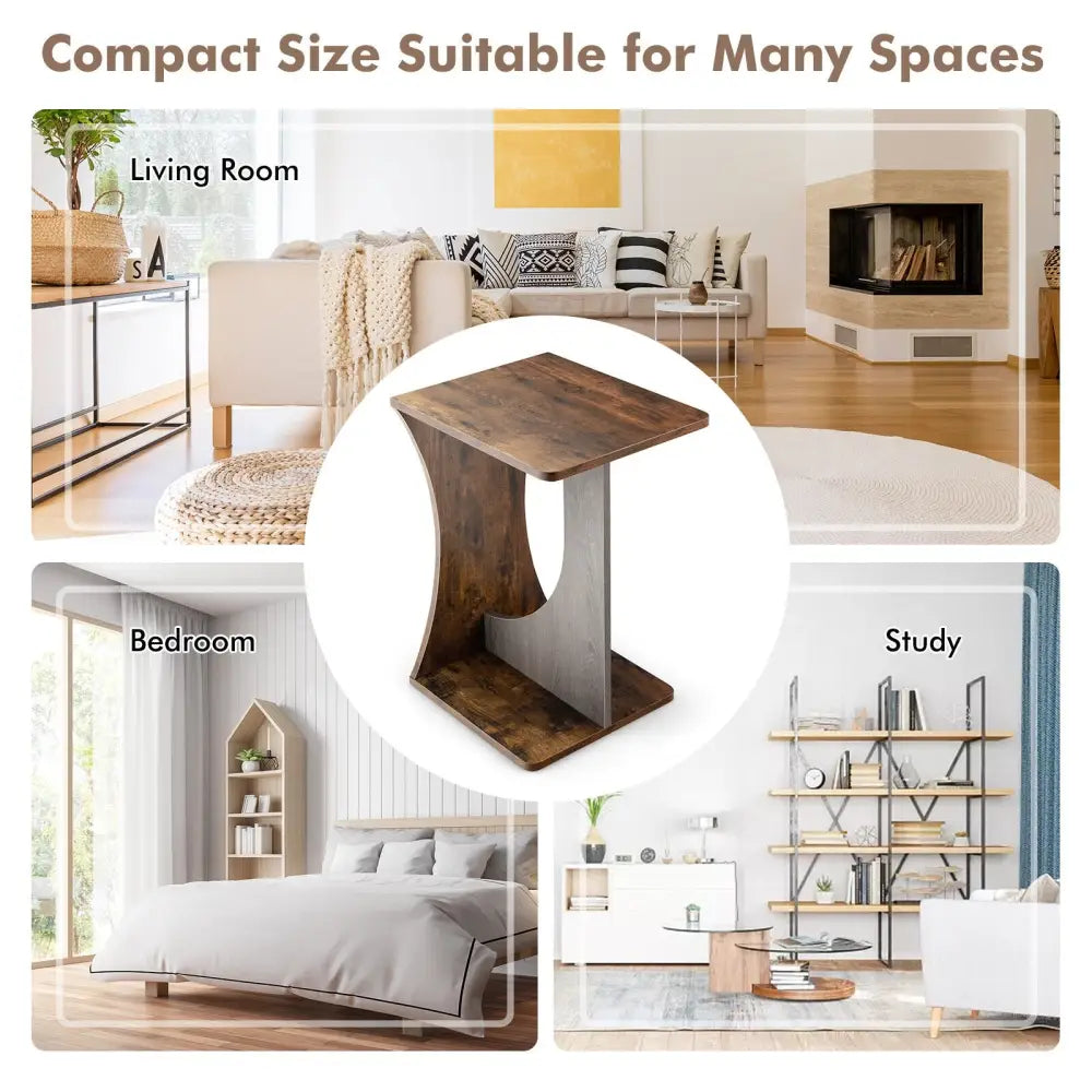 2-Tier Compact C-shape Sofa Side Table-Rustic Brown - Rustic Brown - End & Side Tables