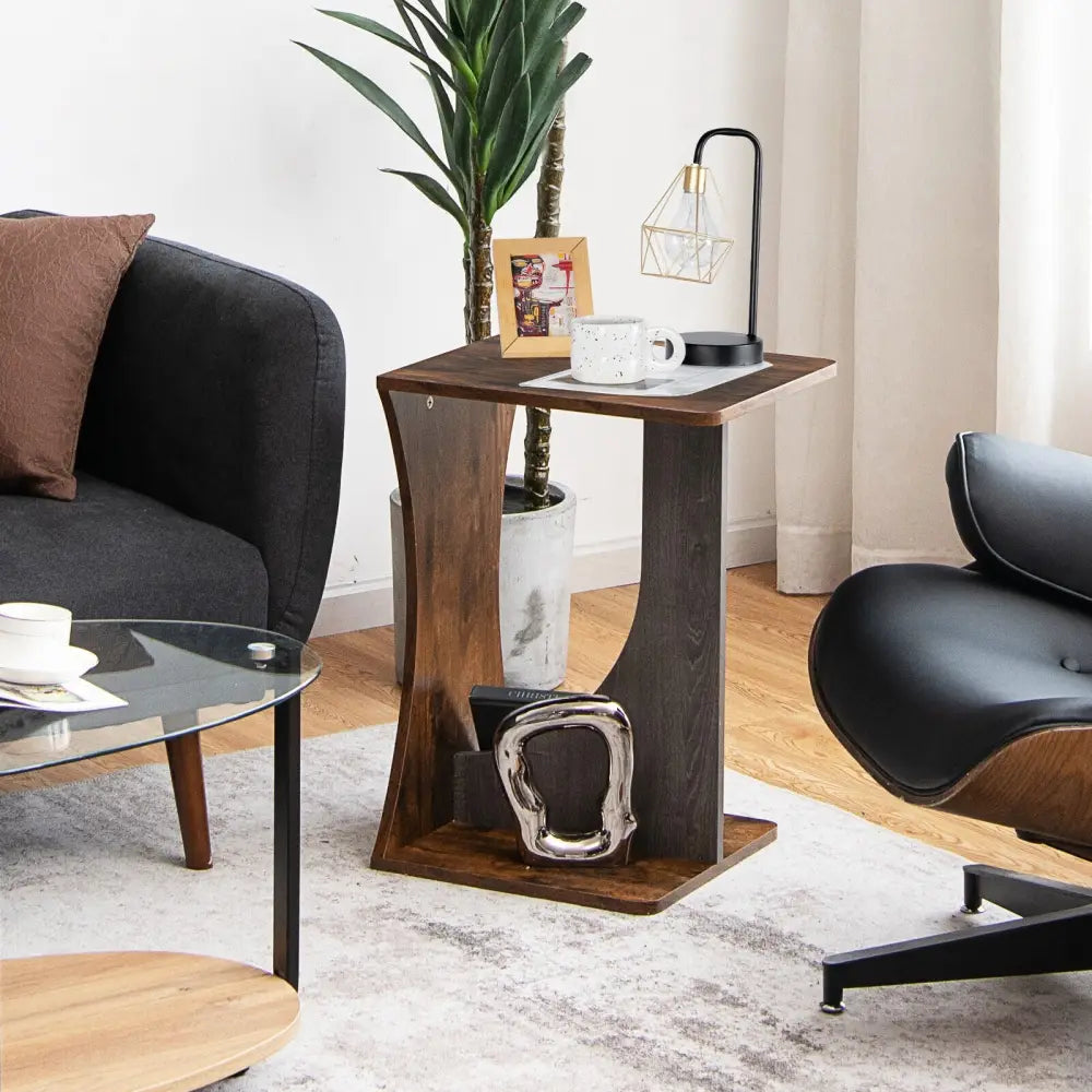 2-Tier Compact C-shape Sofa Side Table-Rustic Brown - Rustic Brown - End & Side Tables
