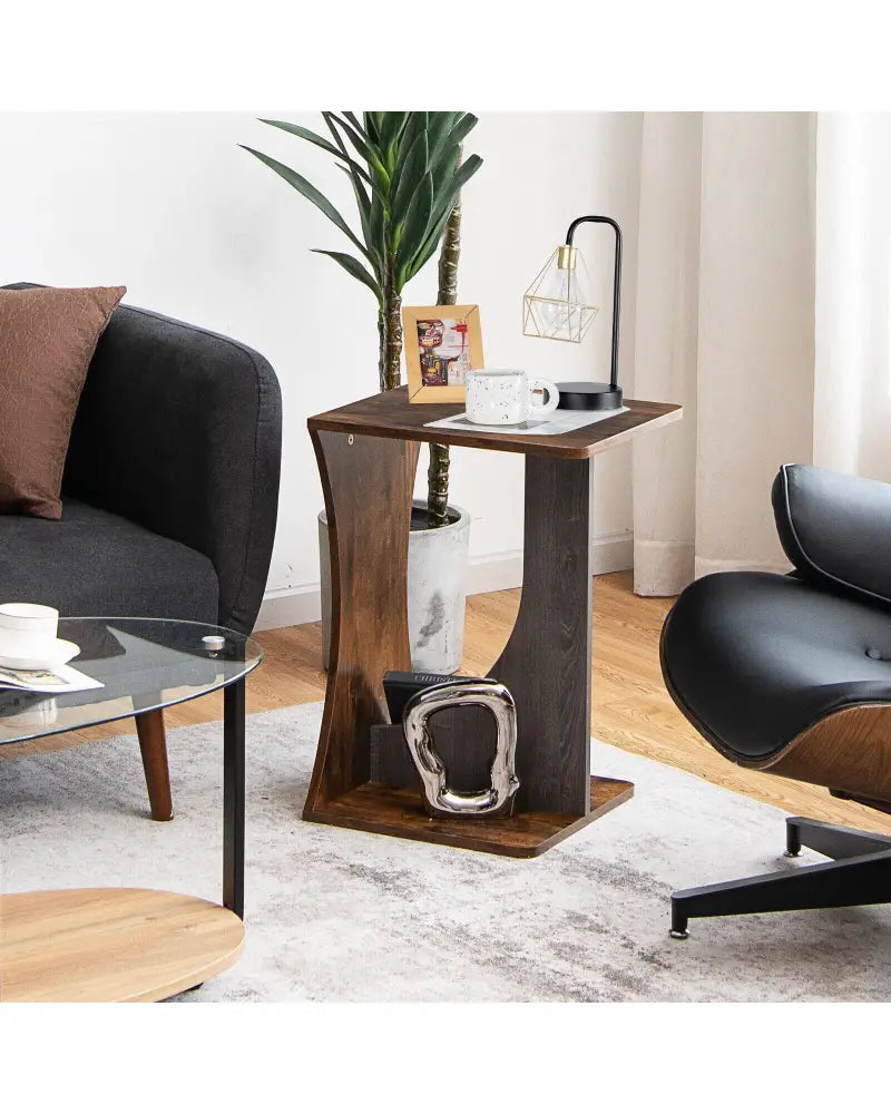 2-Tier Compact C-shape Sofa Side Table-Rustic Brown - Rustic Brown - End & Side Tables