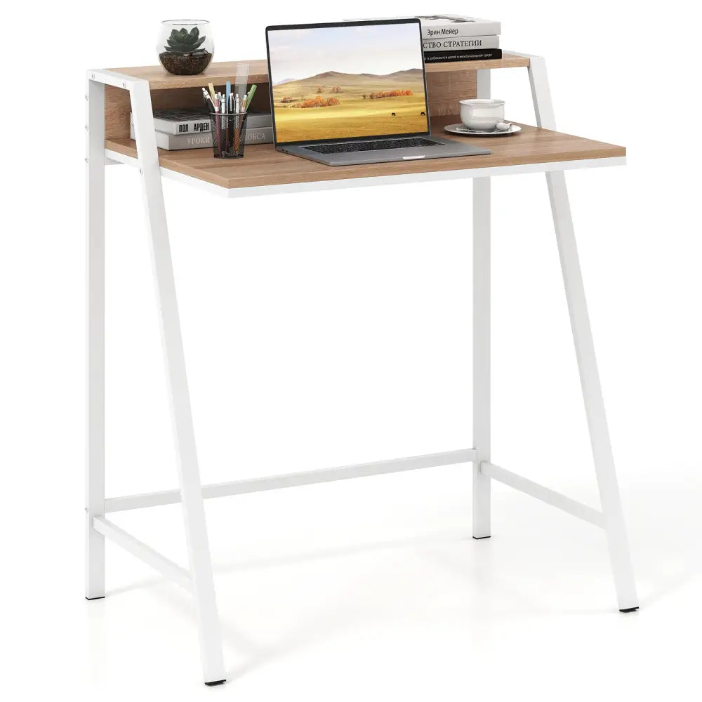 2 Tier Computer Desk PC Laptop Table Study Writing Home Office Workstation New-Natural Costway