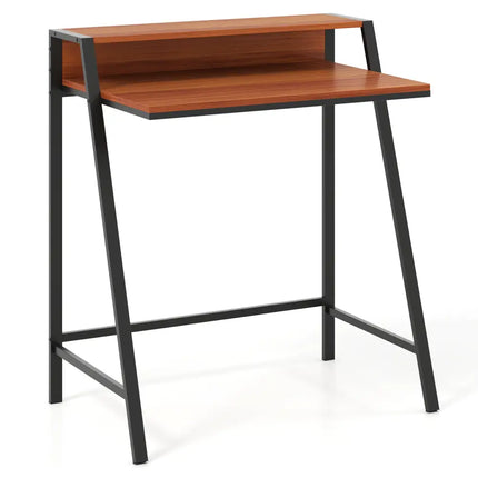 2 Tier Computer Desk PC Laptop Table Study Writing Home Office Workstation New-Walnut Costway