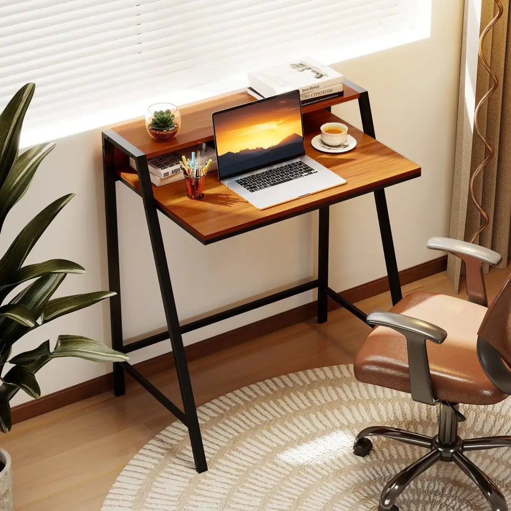 2 Tier Computer Desk PC Laptop Table Study Writing Home Office Workstation New-Walnut Costway