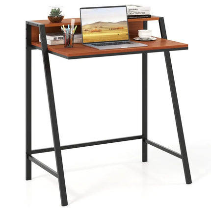2 Tier Computer Desk PC Laptop Table Study Writing Home Office Workstation New-Walnut Costway