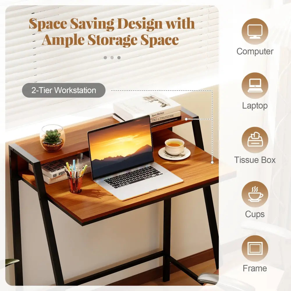 2 Tier Computer Desk PC Laptop Table Study Writing Home Office Workstation New-Walnut Costway