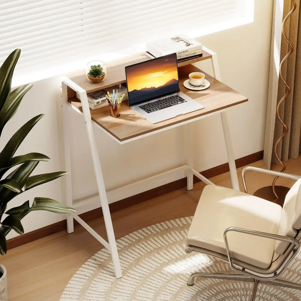 2 Tier Computer Desk PC Laptop Table Study Writing Home Office Workstation New-Natural Costway
