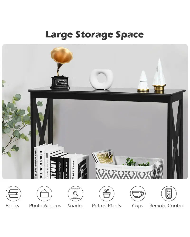 2-Tier Console X-Design Sofa Side Accent Table-Black - Black - Console Tables