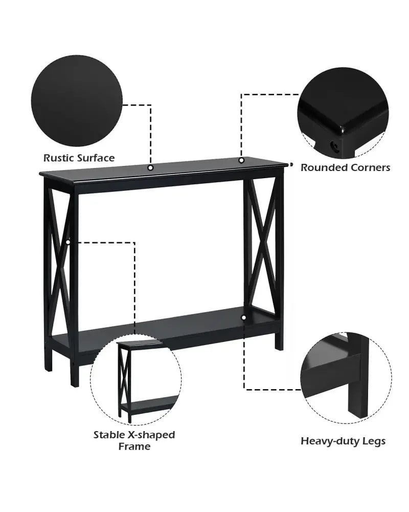 2-Tier Console X-Design Sofa Side Accent Table-Black - Black - Console Tables
