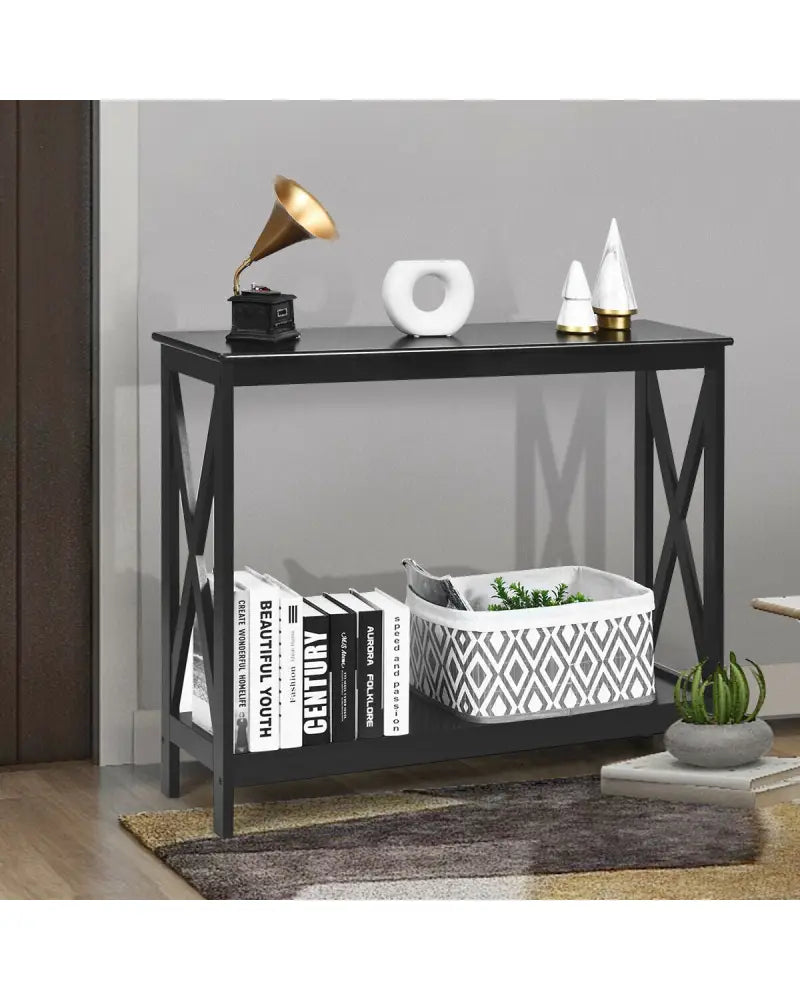 2-Tier Console X-Design Sofa Side Accent Table-Black - Black - Console Tables
