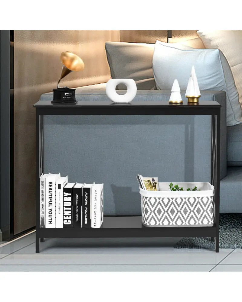 2-Tier Console X-Design Sofa Side Accent Table-Black - Black - Console Tables