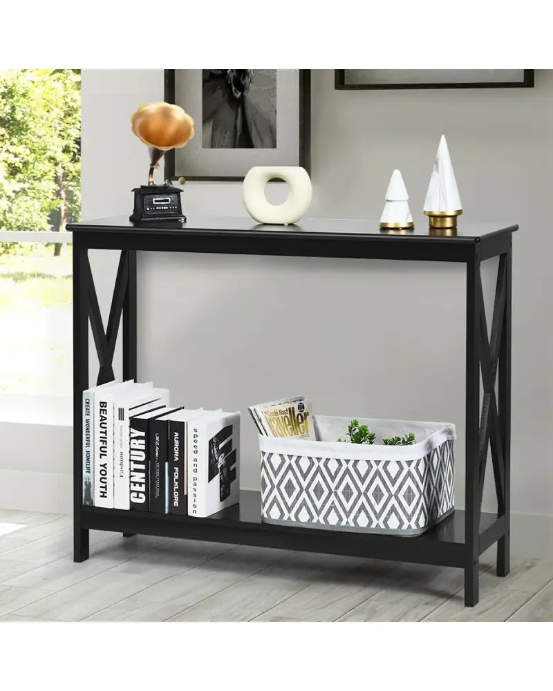 2-Tier Console X-Design Sofa Side Accent Table-Black - Black - Console Tables