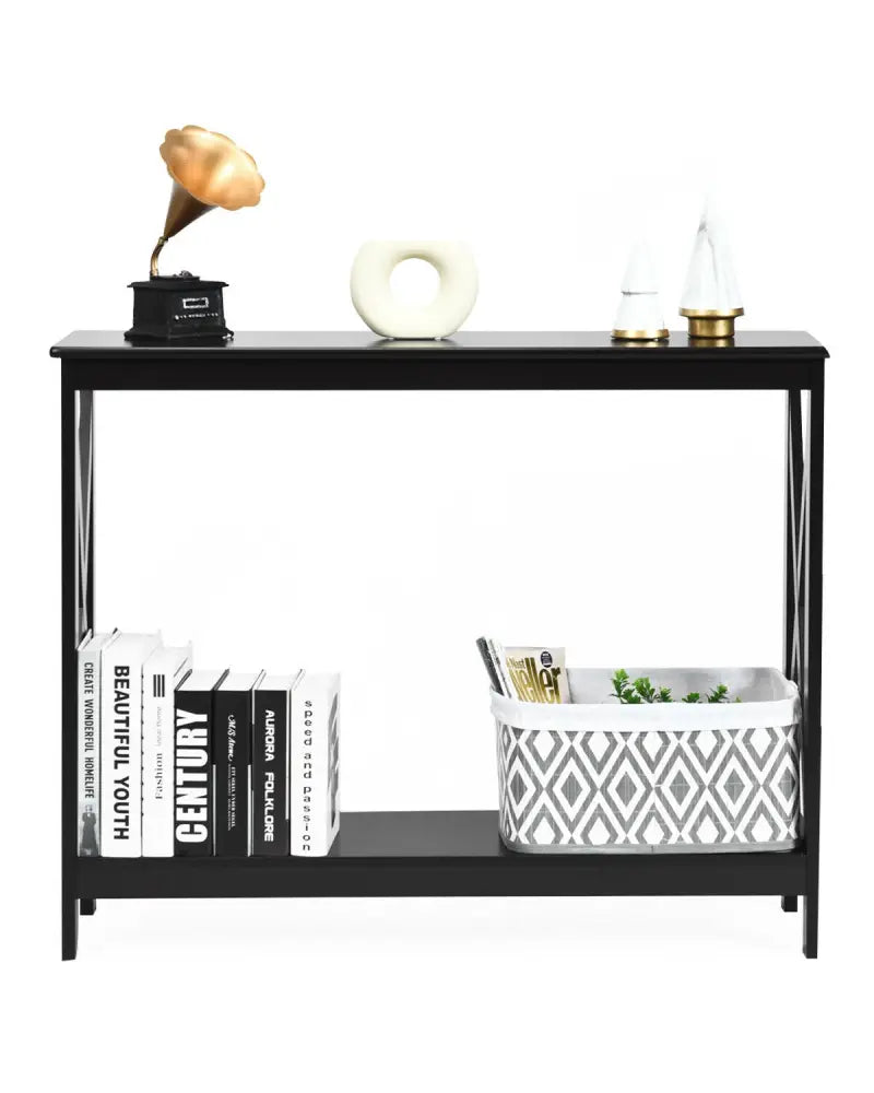 2-Tier Console X-Design Sofa Side Accent Table-Black - Black - Console Tables
