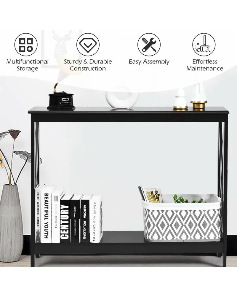 2-Tier Console X-Design Sofa Side Accent Table-Black - Black - Console Tables