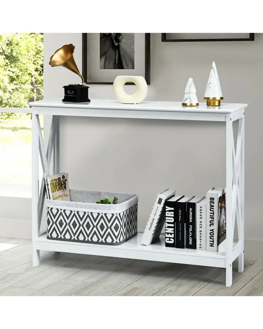 2-Tier Console X-Design Sofa Side Accent Table-White - White - Console Tables