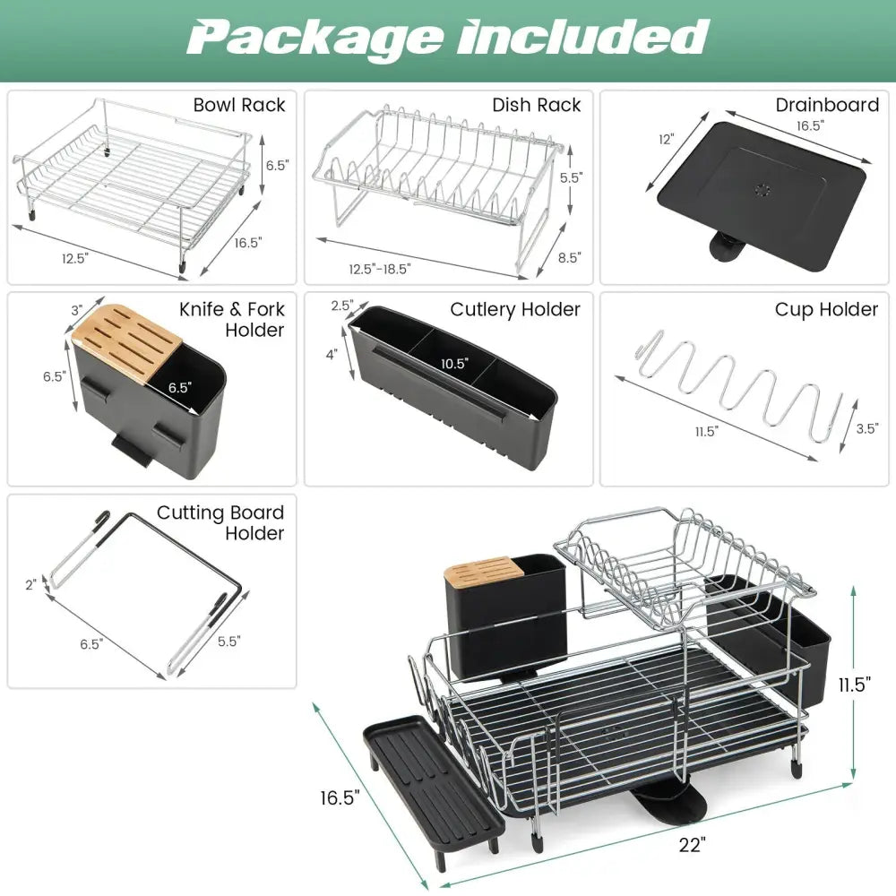 2-Tier Detachable Dish Rack with Drainboard and 360° Swivel Spout-Sliver - Silver - Dish Racks