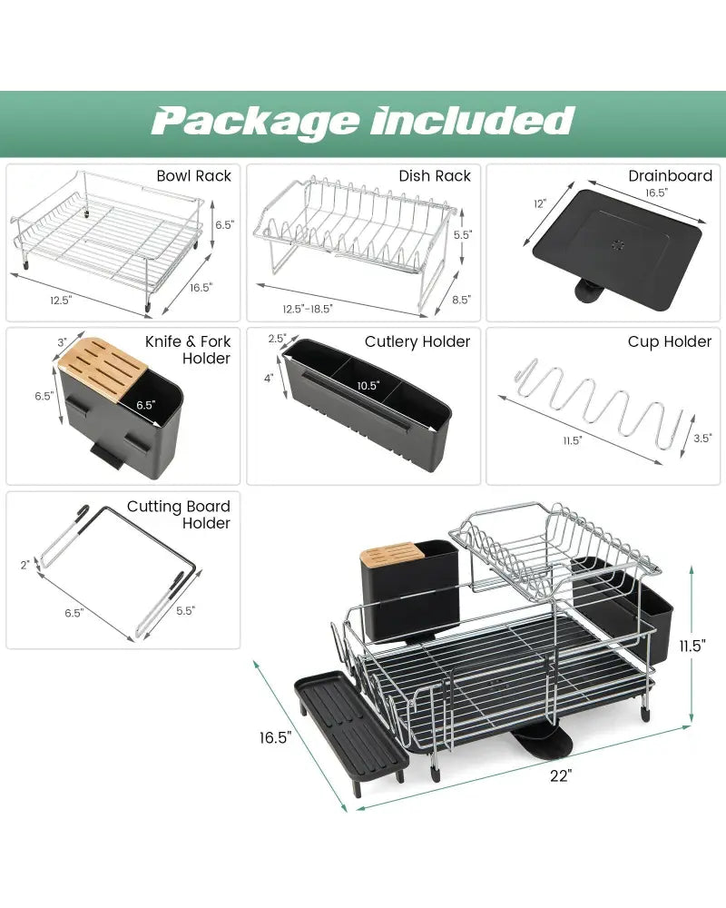 2-Tier Detachable Dish Rack with Drainboard and 360° Swivel Spout-Sliver - Silver - Dish Racks