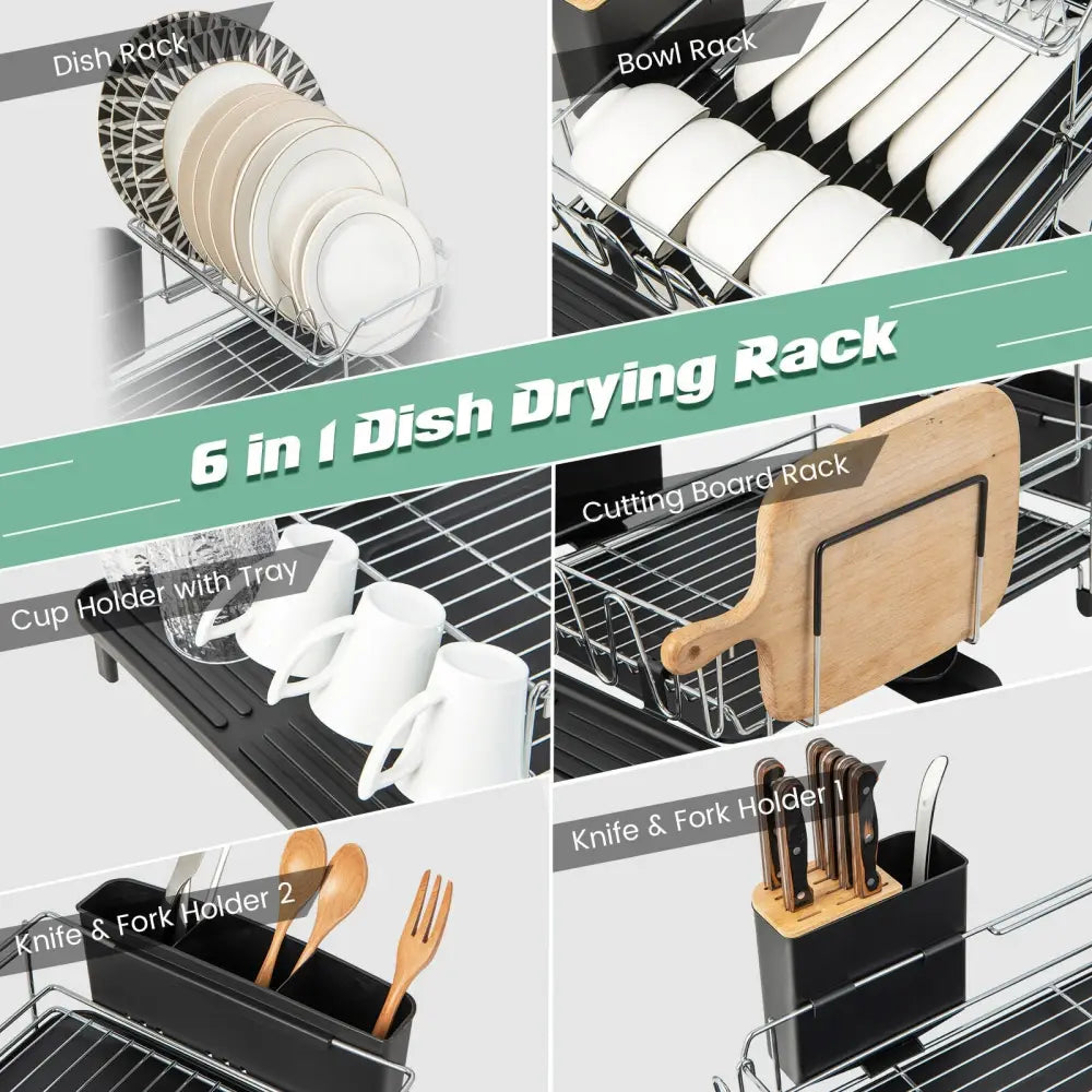 2-Tier Detachable Dish Rack with Drainboard and 360° Swivel Spout-Sliver - Silver - Dish Racks