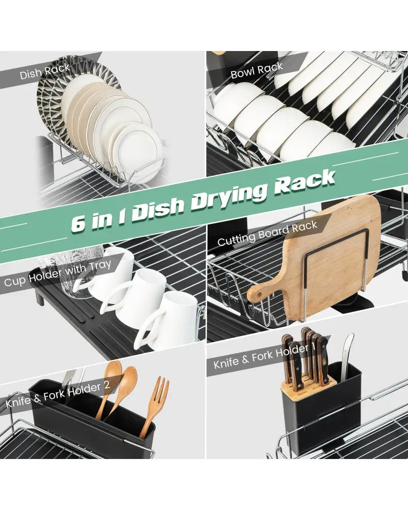 2-Tier Detachable Dish Rack with Drainboard and 360° Swivel Spout-Sliver - Silver - Dish Racks