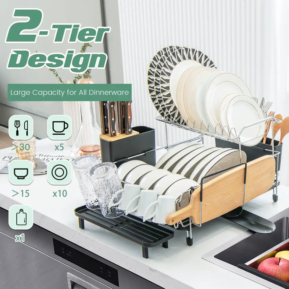 2-Tier Detachable Dish Rack with Drainboard and 360° Swivel Spout-Sliver - Silver - Dish Racks