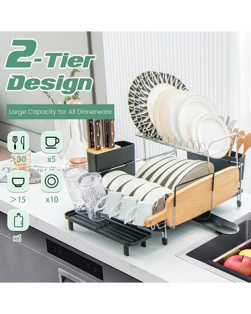 2-Tier Detachable Dish Rack with Drainboard and 360° Swivel Spout-Sliver - Silver - Dish Racks