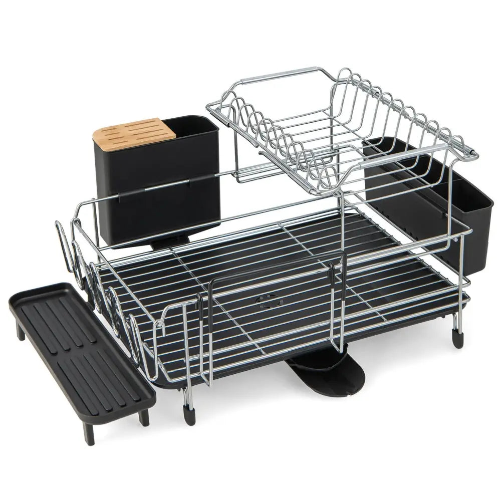 2-Tier Detachable Dish Rack with Drainboard and 360° Swivel Spout-Sliver - Silver - Dish Racks