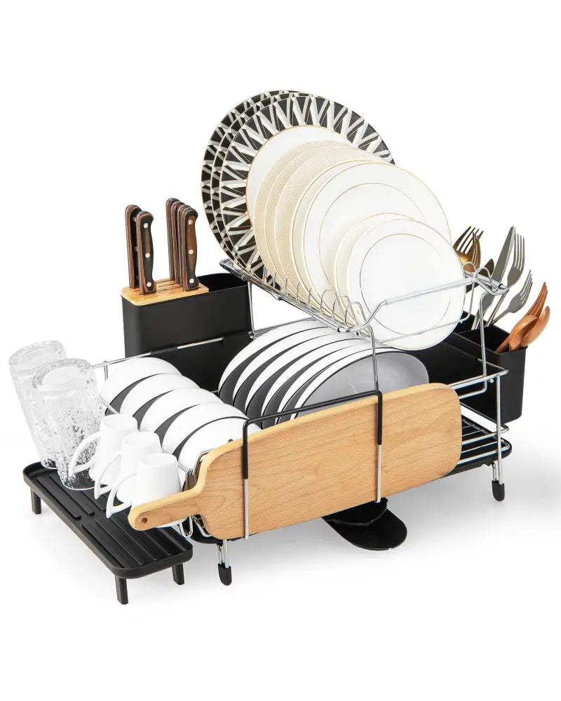2-Tier Detachable Dish Rack with Drainboard and 360° Swivel Spout-Sliver - Silver - Dish Racks