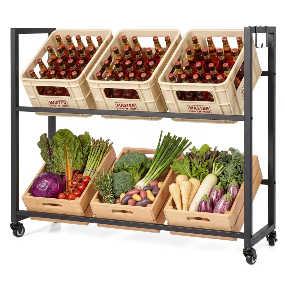 2-Tier Drink Crate Rack with 4 Universal Wheels for Beer and Water Kitchen and Bar-Black - Black - Kitchen Organization