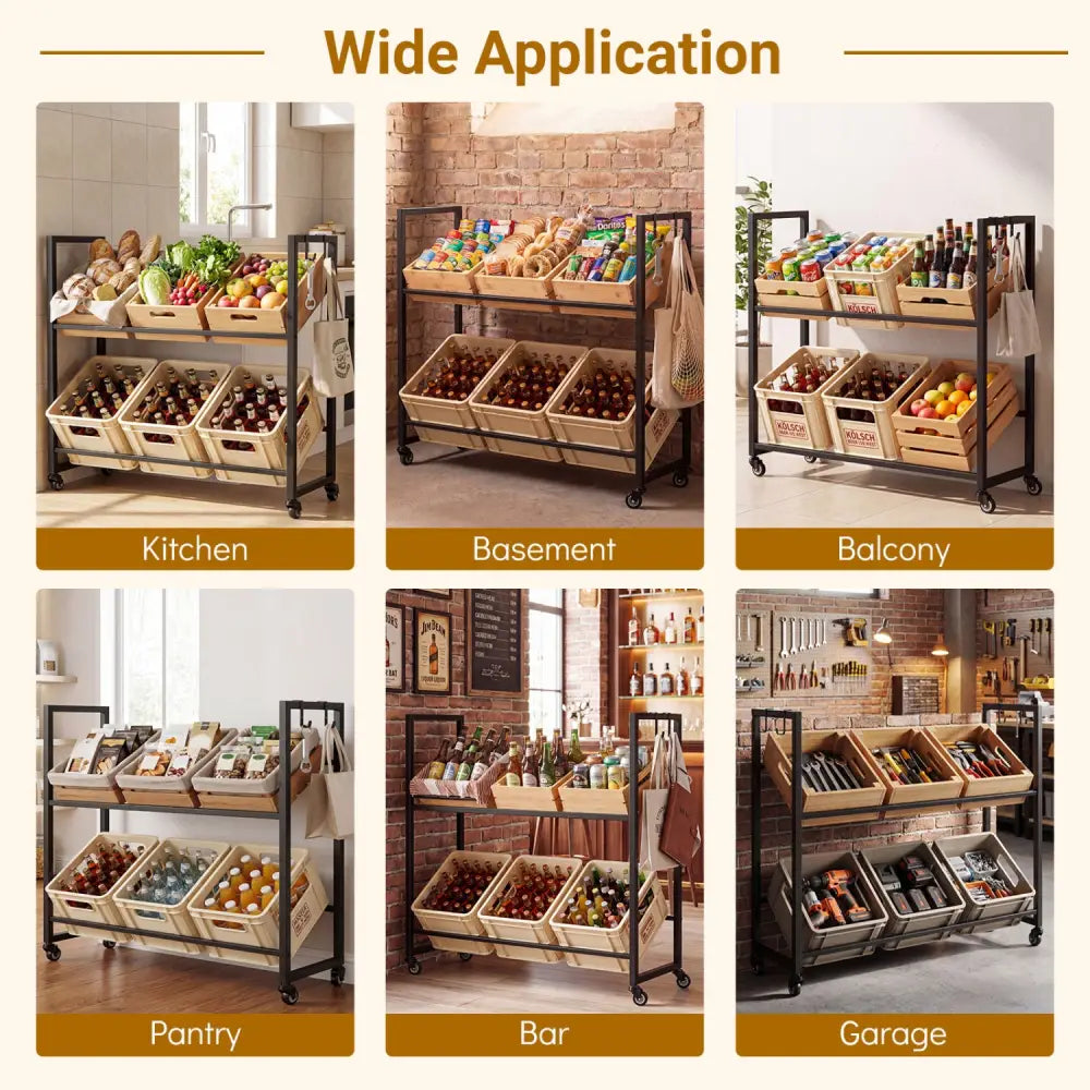 2-Tier Drink Crate Rack with 4 Universal Wheels for Beer and Water Kitchen and Bar-Black - Black - Kitchen Organization