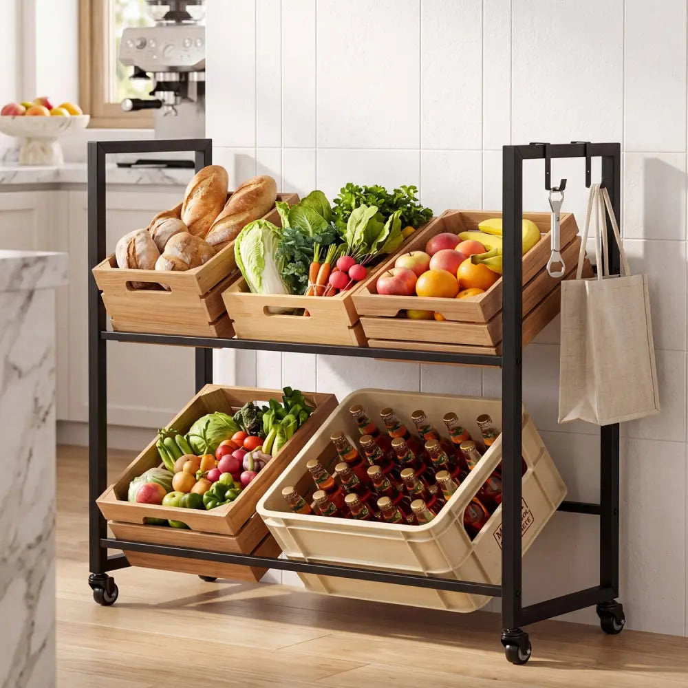 2-Tier Drink Crate Rack with 4 Universal Wheels for Beer and Water Kitchen and Bar-Black - Black - Kitchen Organization