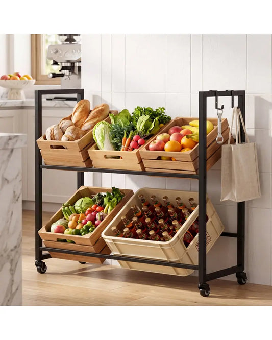 2-Tier Drink Crate Rack with 4 Universal Wheels for Beer and Water Kitchen and Bar-Black - Black - Kitchen Organization