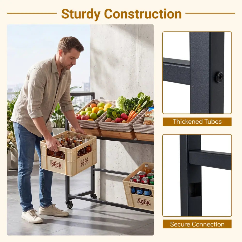 2-Tier Drink Crate Rack with 4 Universal Wheels for Beer and Water Kitchen and Bar-Black - Black - Kitchen Organization