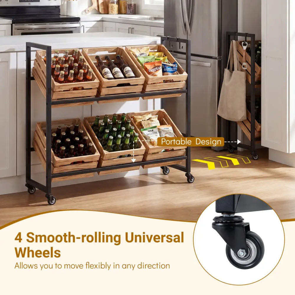 2-Tier Drink Crate Rack with 4 Universal Wheels for Beer and Water Kitchen and Bar-Black - Black - Kitchen Organization