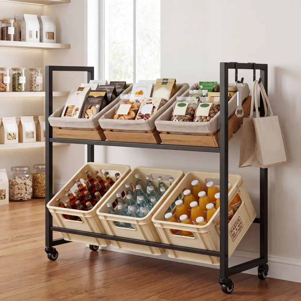 2-Tier Drink Crate Rack with 4 Universal Wheels for Beer and Water Kitchen and Bar-Black - Black - Kitchen Organization