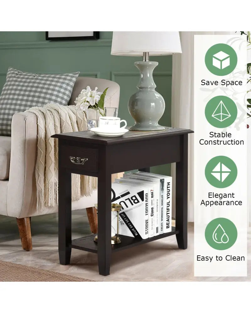 2 Tier End Bedside Sofa Side Table Narrow Nightstand-Espresso - Espresso - End & Side Tables