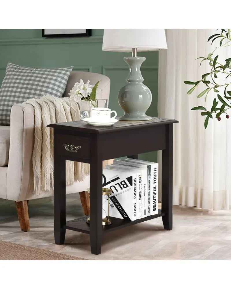 2 Tier End Bedside Sofa Side Table Narrow Nightstand-Espresso - Espresso - End & Side Tables